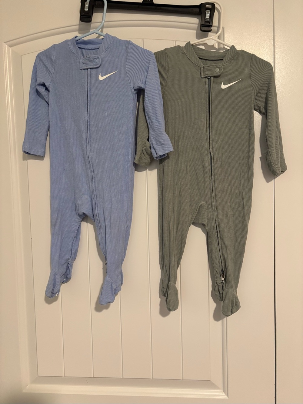 Nike Baby Footed One-Piece Sleepers in Light Blue and Olive